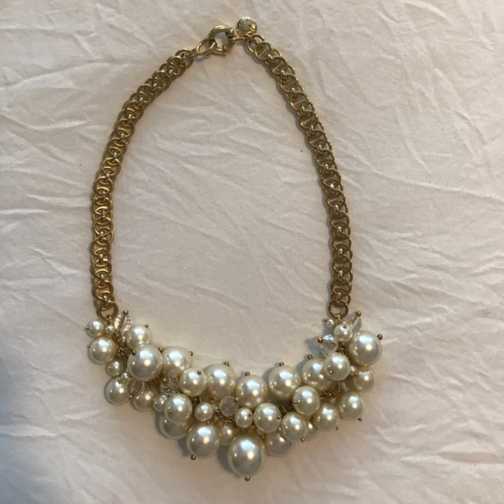 J Crew gold and pearl beaded statement necklace